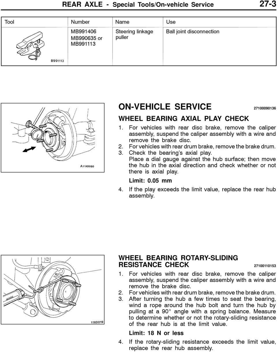 For vehicles with rear drum brake, remove the brake drum. 3. Check the bearing s axial play.