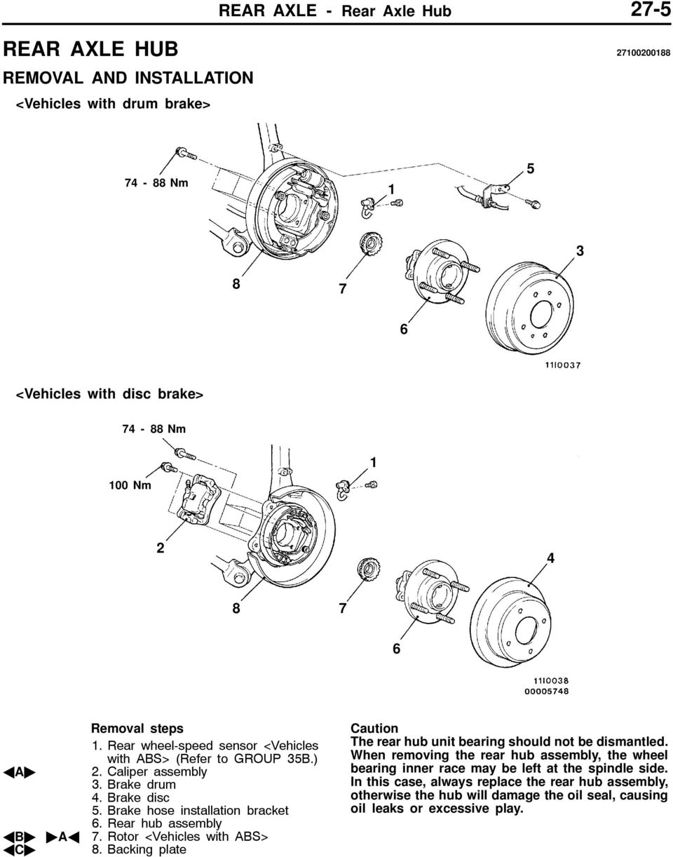 Rear hub assembly AB" "AA 7. Rotor <Vehicles with ABS> AC" 8. Backing plate Caution The rear hub unit bearing should not be dismantled.