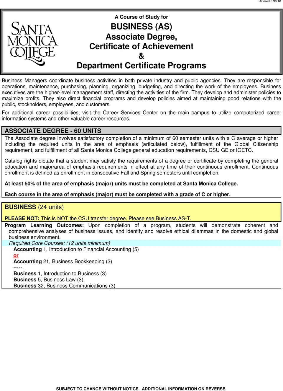 business (as) associate degree, certificate of achievement