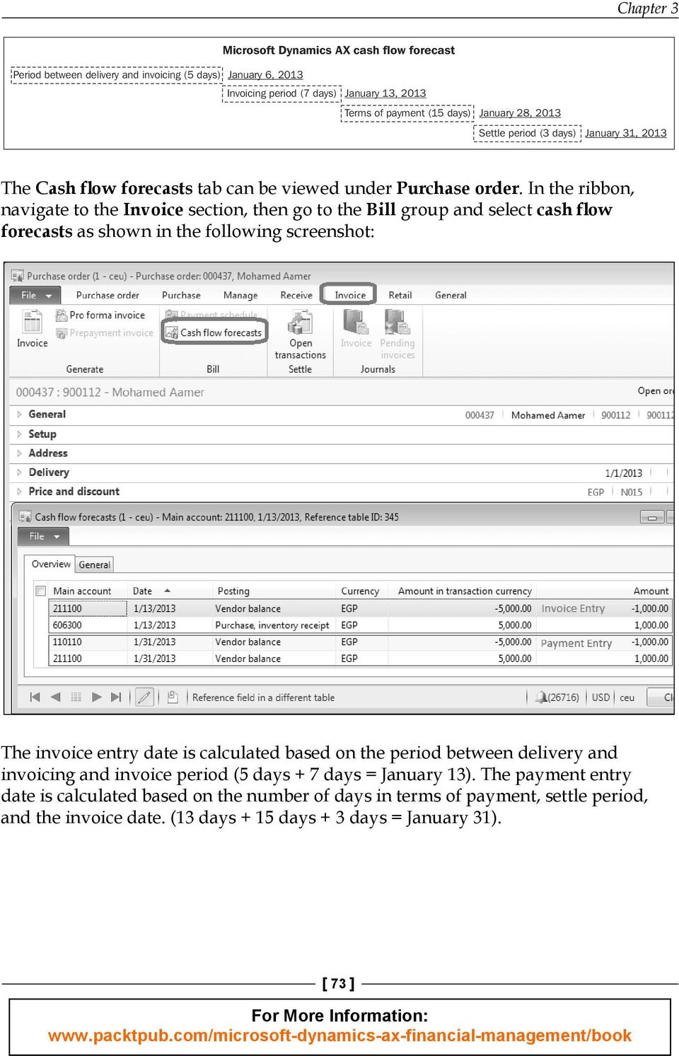 In the ribbon, navigate to the Invoice section, then go to the Bill group and select cash flow forecasts as shown in the following screenshot: The invoice entry date is calculated based on