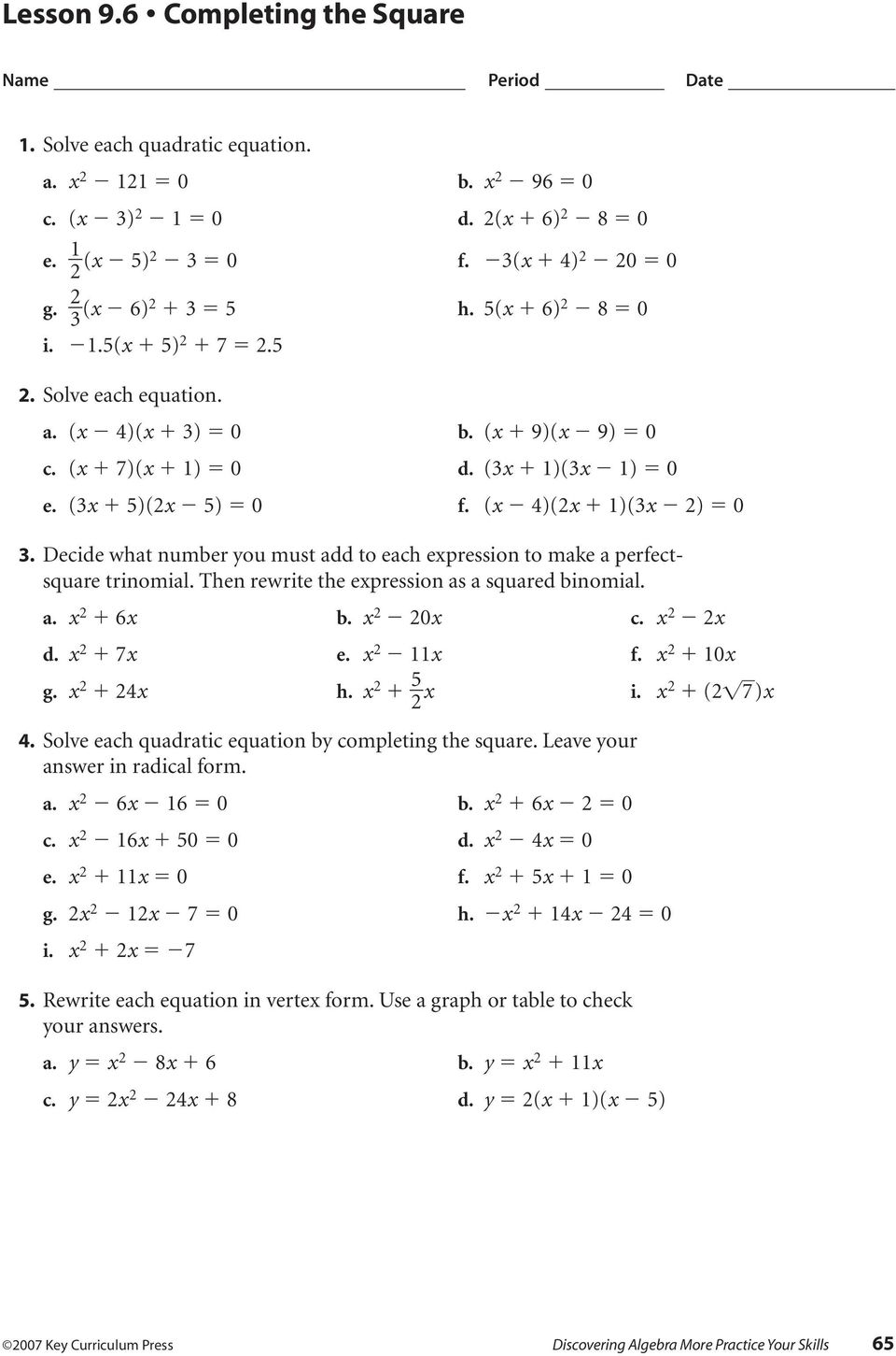 11 11 skills practice solving quadratic equations by factoring page 11 Pertaining To Solving Equations By Factoring Worksheet