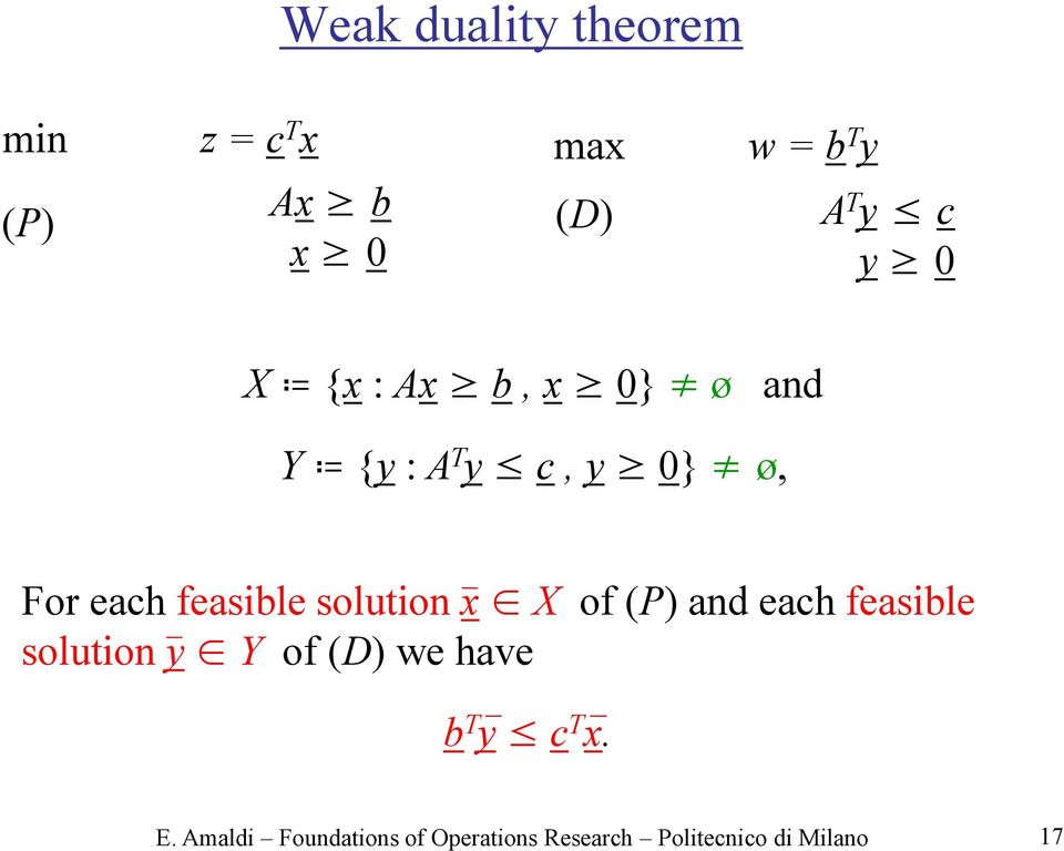 solution x X of (P) and each feasible solution y Y of (D) we have b T y