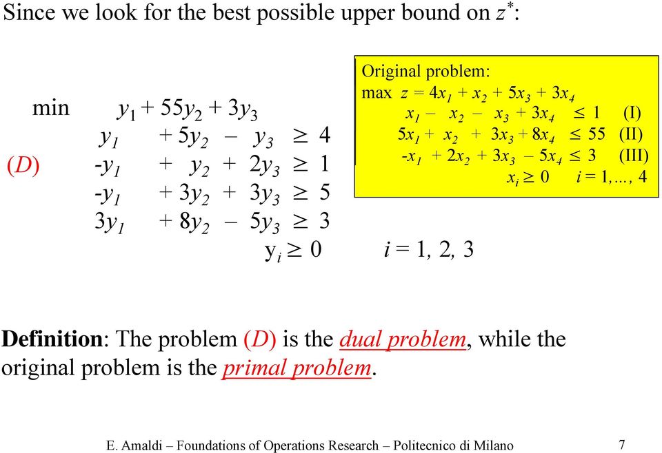 (I) 5x 1 + x 2 + 3x 3 + 8x 4 55 (II) -x 1 + 2x 2 + 3x 3 5x 4 3 (III) x i 0 i =1,, 4 Definition: The problem (D) is the dual