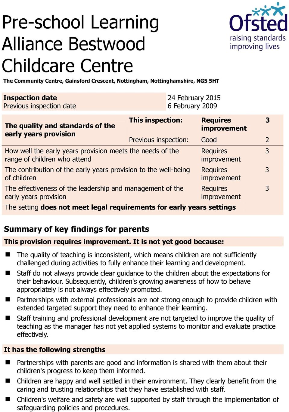 early years provision to the well-being of children The effectiveness of the leadership and management of the early years provision Previous inspection: Good 2 The setting does not meet legal