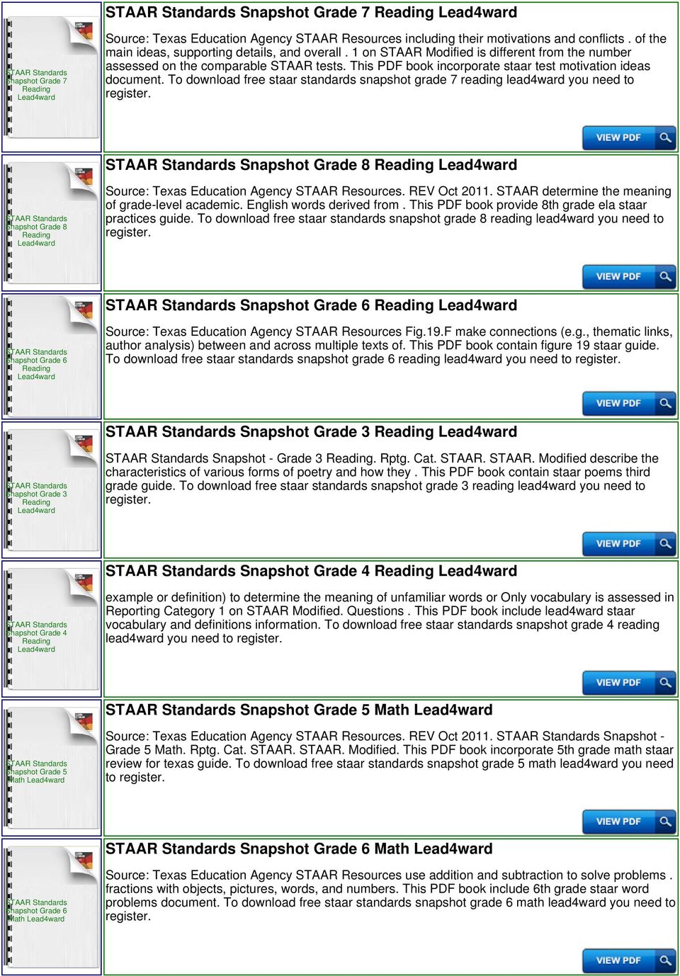 To download free staar standards snapshot grade 7 reading lead4ward you need to Snapshot Grade 8 Snapshot Grade 8 Source: Texas Education Agency Resources. REV Oct 2011.