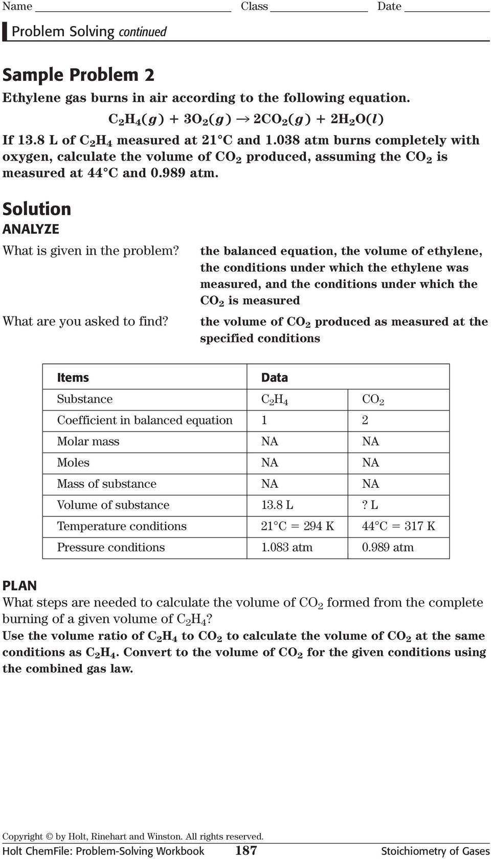 the balanced equation, the volume of ethylene, the conditions under which the ethylene was measured, and the conditions under which the CO is measured the volume of CO produced as measured at the