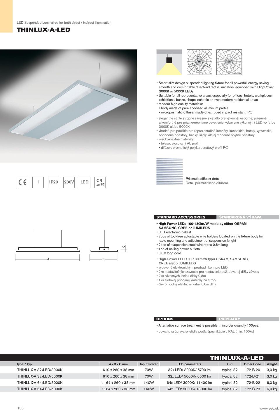 schools or even modern residential areas Modern high quality materials: body made of pure anodised aluminum profile microprismatic diffuser made of extruded impact resistant PC elegantné štíhle