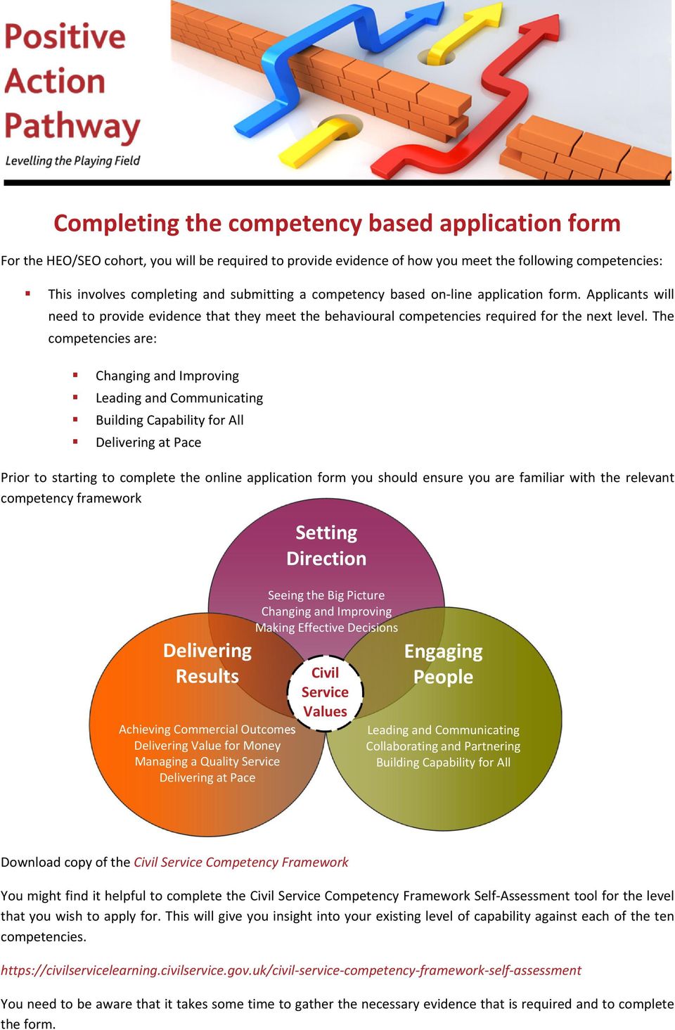 The competencies are: Changing and Improving Leading and Communicating Building Capability for All Delivering at Pace Prior to starting to complete the online application form you should ensure you