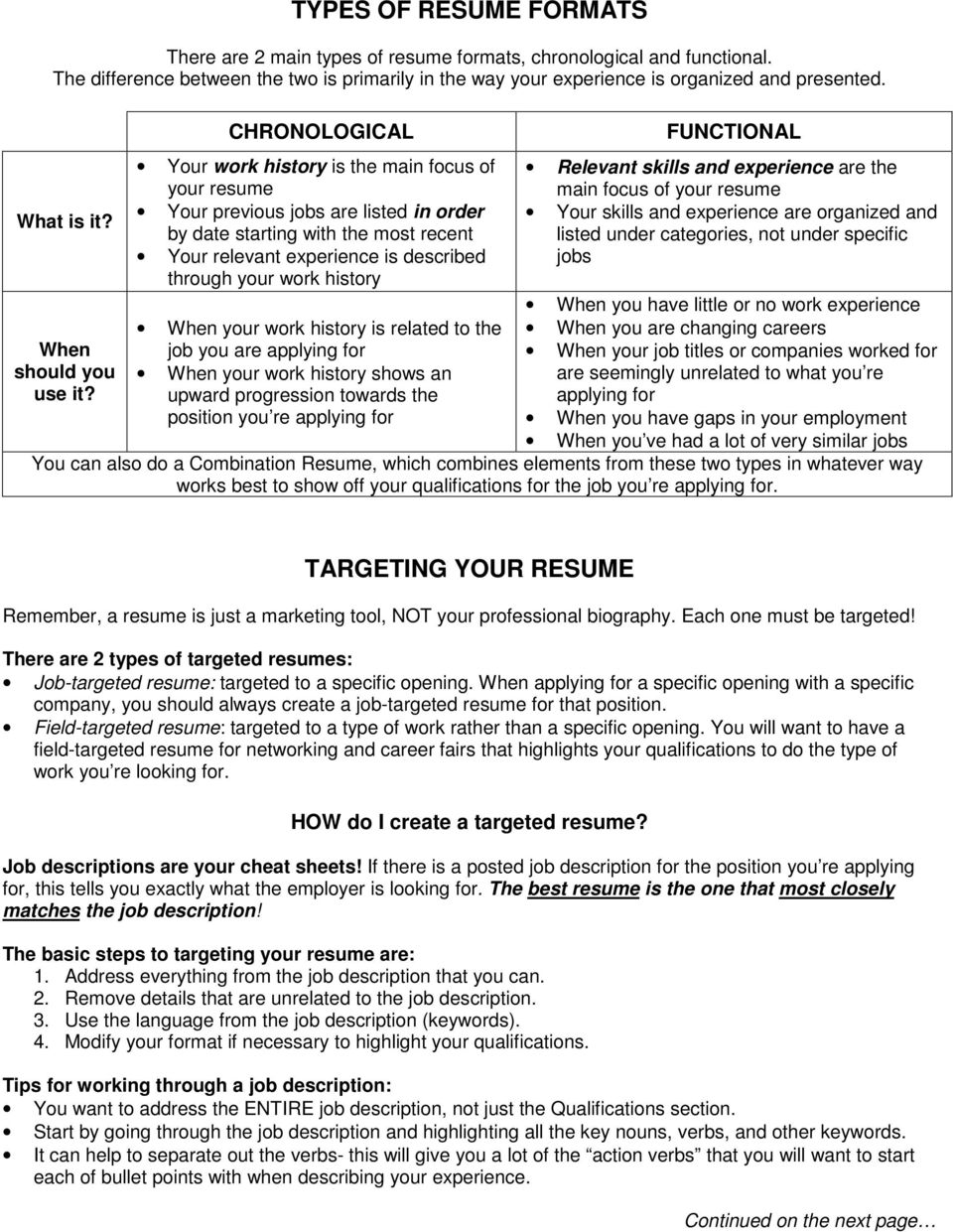 CHRONOLOGICAL Your work history is the main focus of your resume Your previous jobs are listed in order by date starting with the most recent Your relevant experience is described through your work