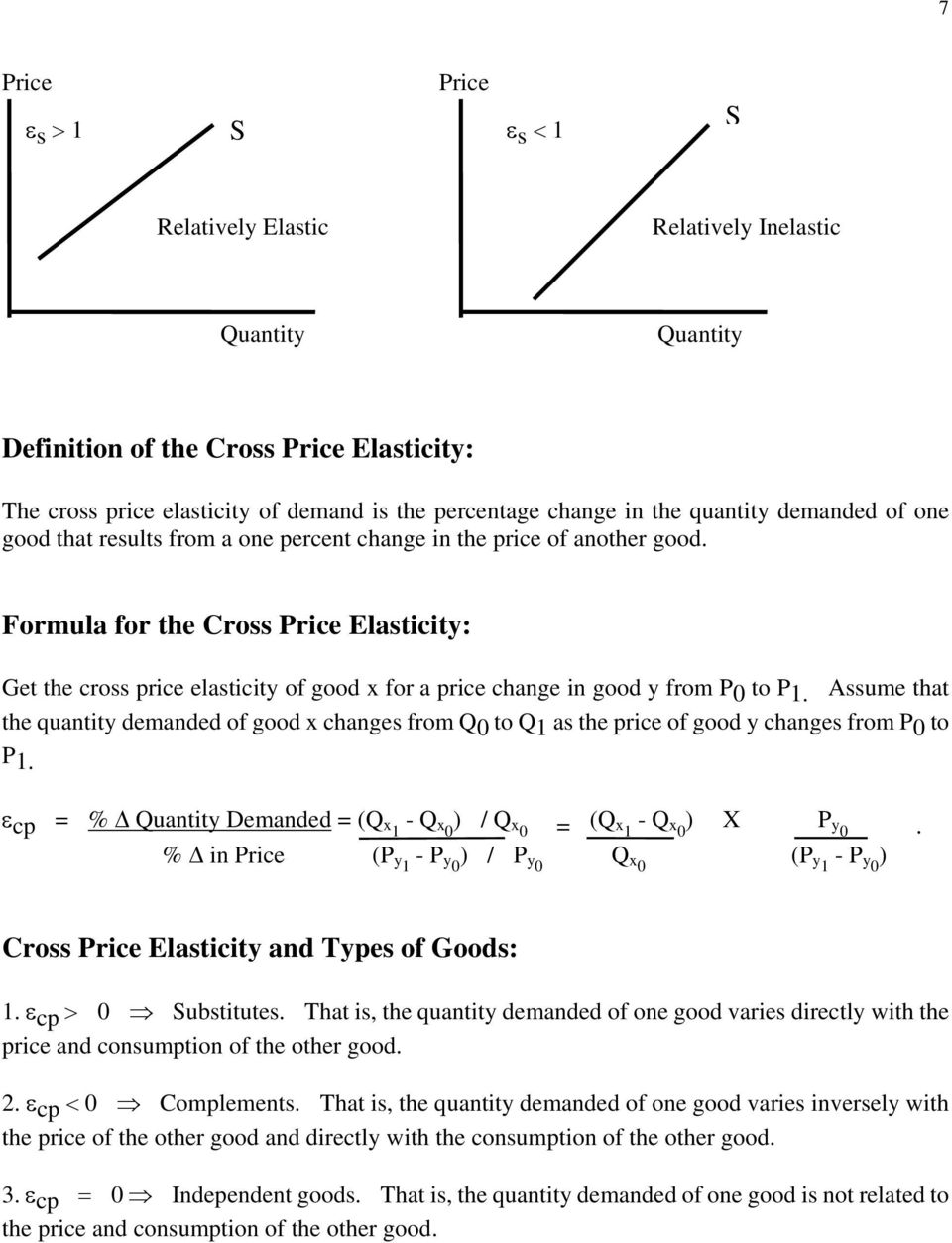 Assume that the quantity demanded of good x changes from Q 0 to Q 1 as the price of good y changes from P 0 to P 1. ε cp = % Δ emanded = (Q x1 - Q x0 ) / Q x0 = (Q x1 - Q x0 ) X P y0.