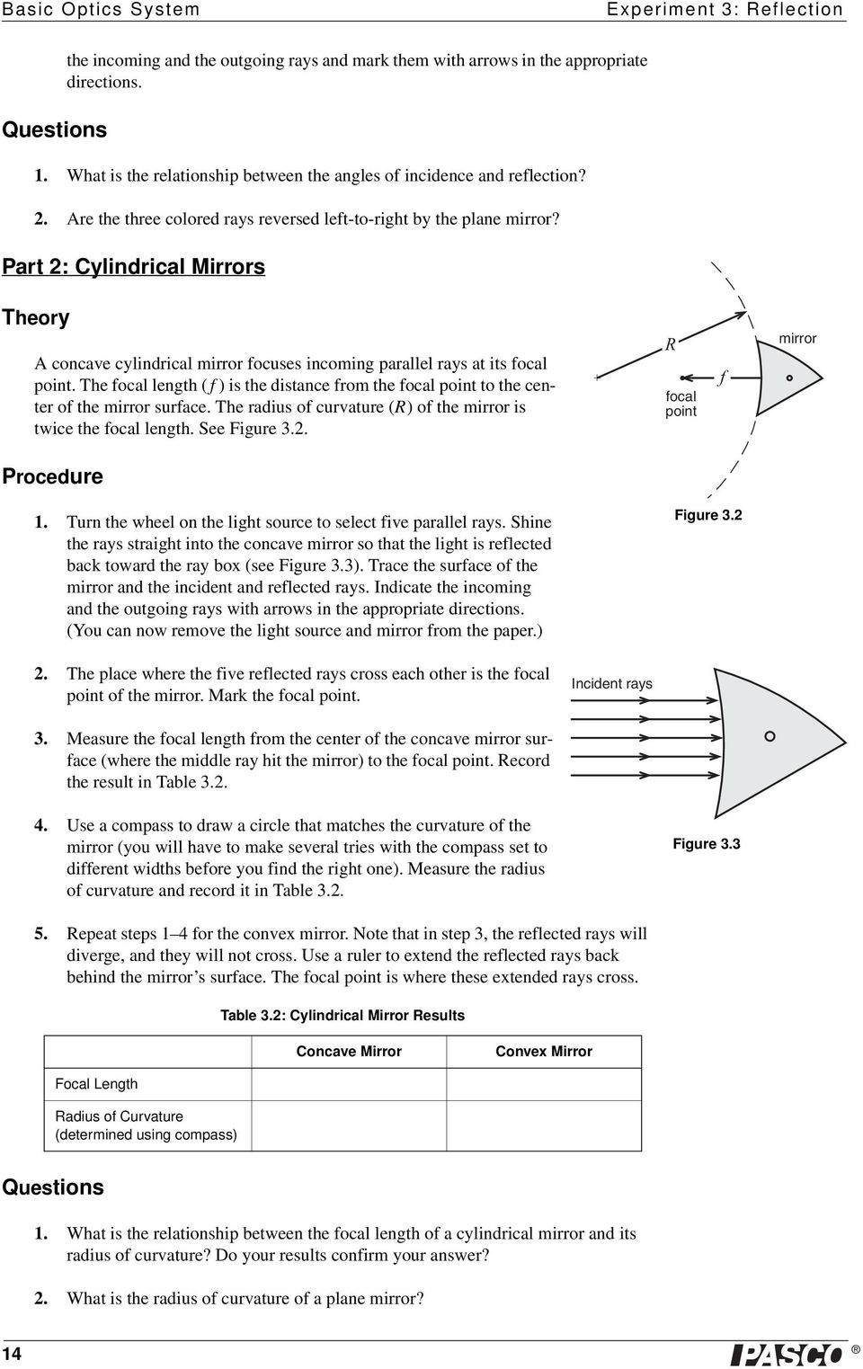 Part 2: Cylindrical Mirrors Theory A concave cylindrical mirror focuses incoming parallel rays at its focal point.