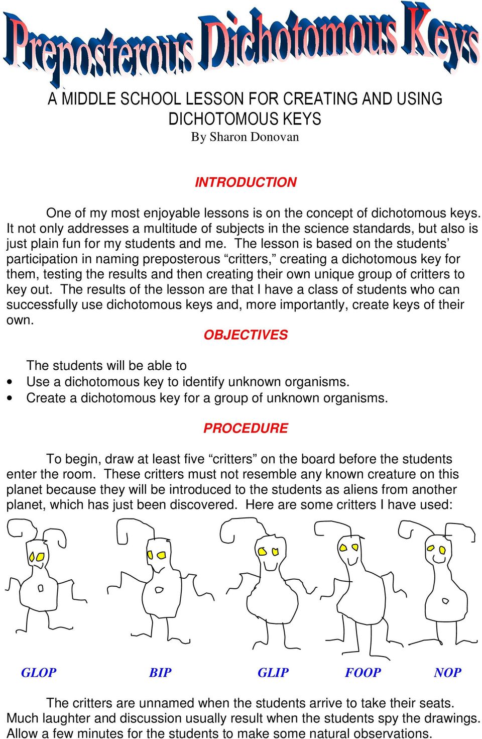 A MIDDLE SCHOOL LESSON FOR CREATING AND USING DICHOTOMOUS KEYS By With Dichotomous Key Worksheet Middle School