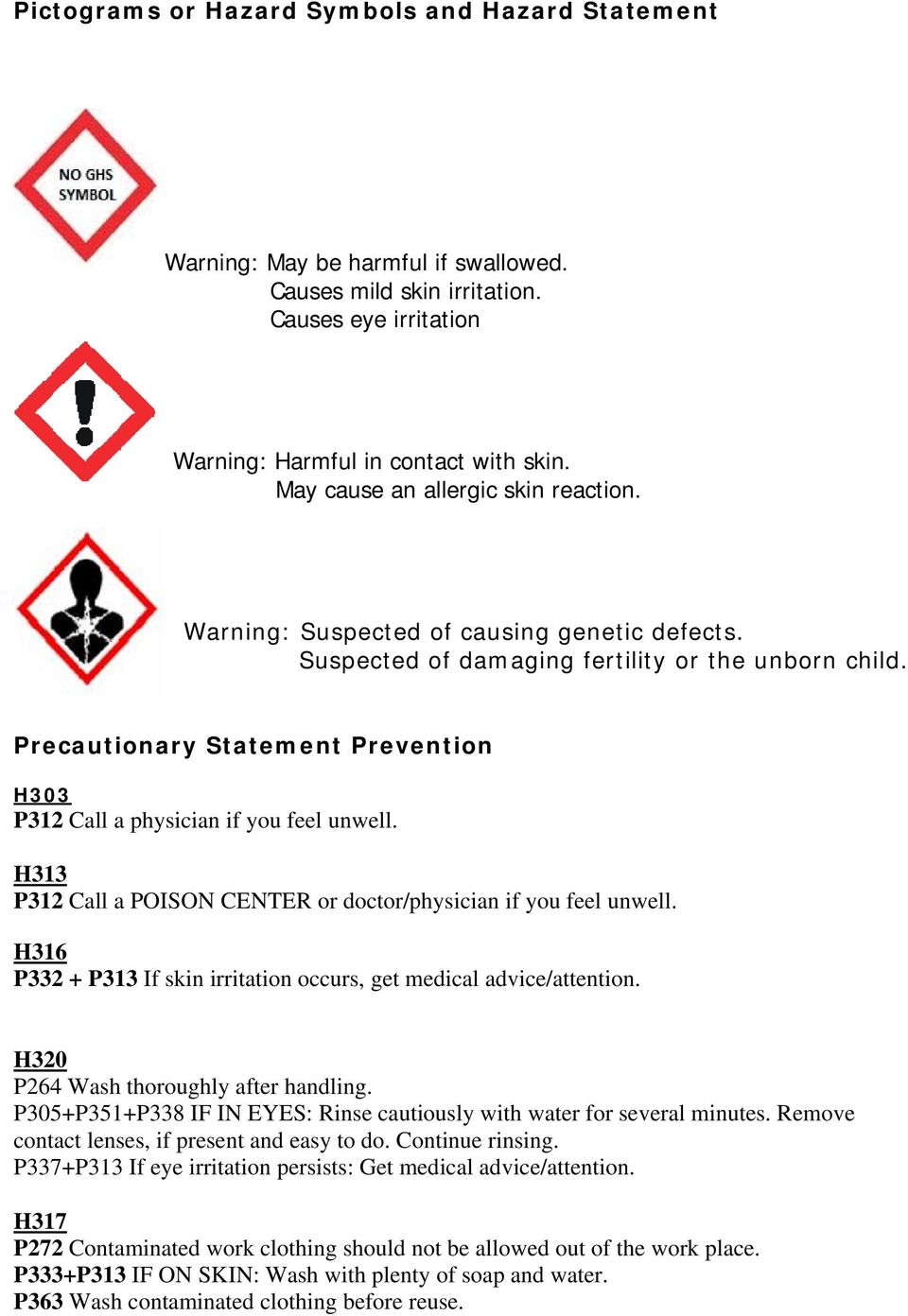 Precautionary Statement Prevention H303 P312 Call a physician if you feel unwell. H313 P312 Call a POISON CENTER or doctor/physician if you feel unwell.