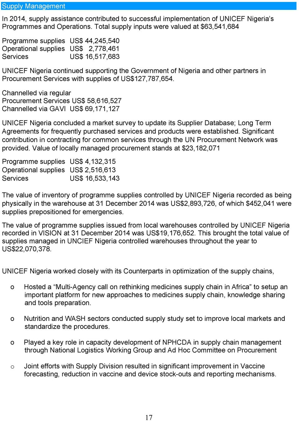 Nigeria and other partners in Procurement Services with supplies of US$127,787,654.