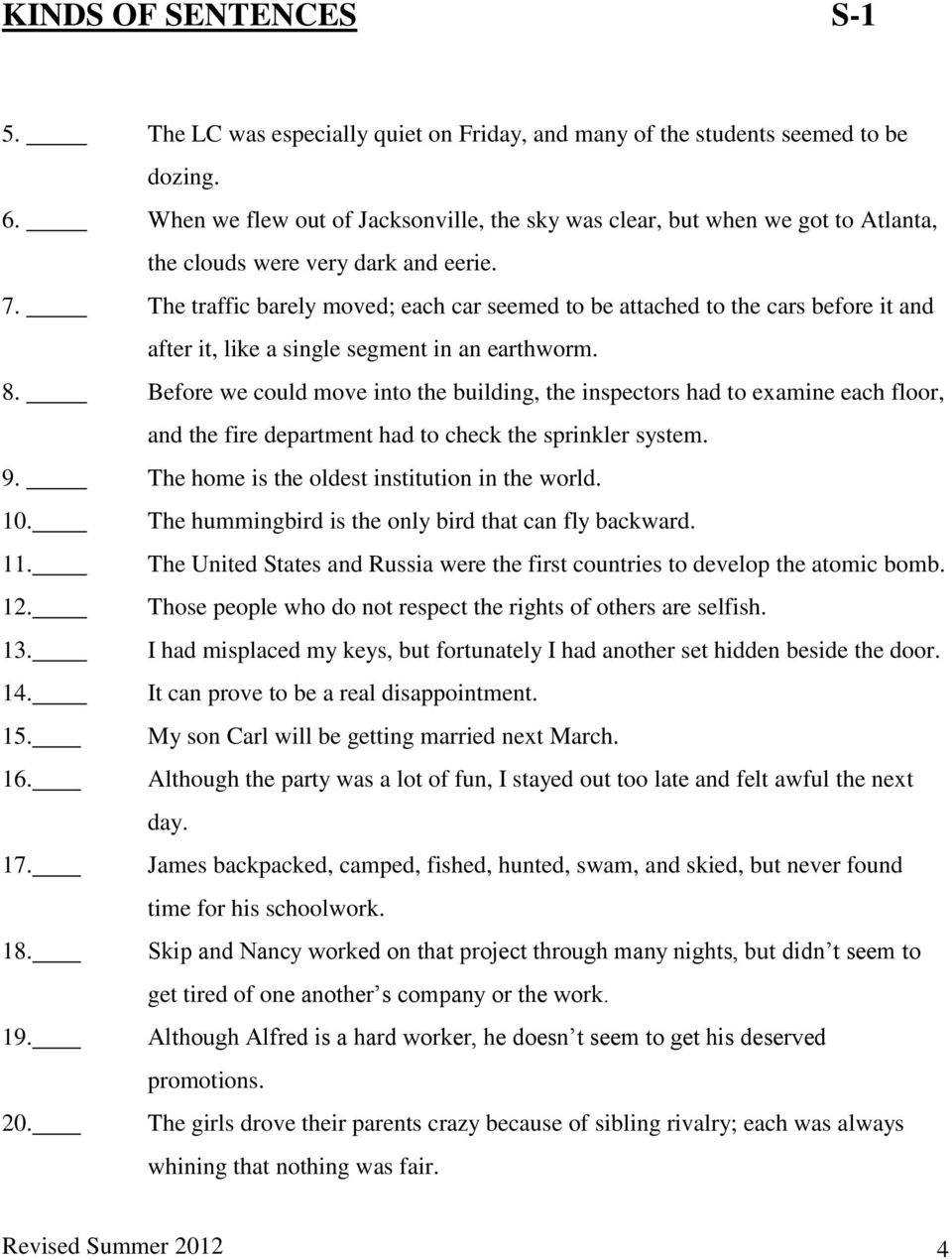 KINDS OF SENTENCES S-11 - PDF Free Download Within Simple Compound Complex Sentences Worksheet