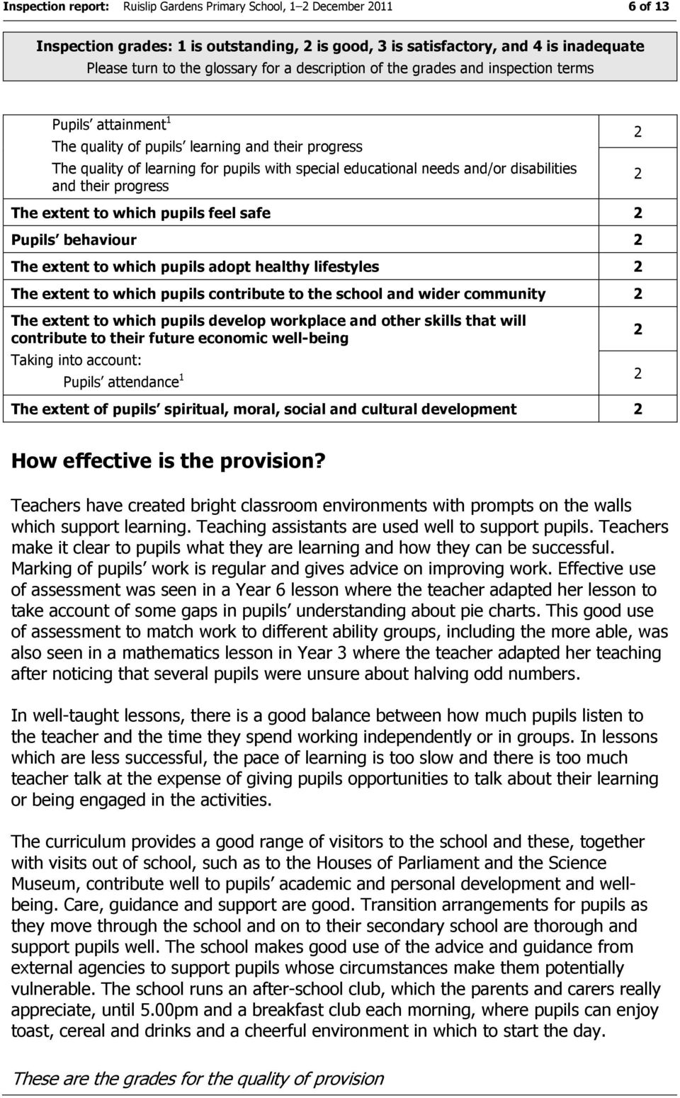 disabilities and their progress The extent to which pupils feel safe Pupils behaviour The extent to which pupils adopt healthy lifestyles The extent to which pupils contribute to the school and wider