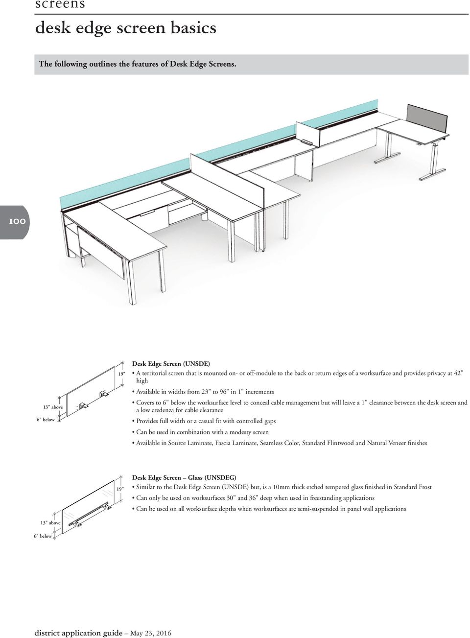 widths from 23" to " in 1" increments Covers to 6" below the worksurface level to conceal cable management but will leave a 1" clearance between the desk screen and a low credenza for cable clearance