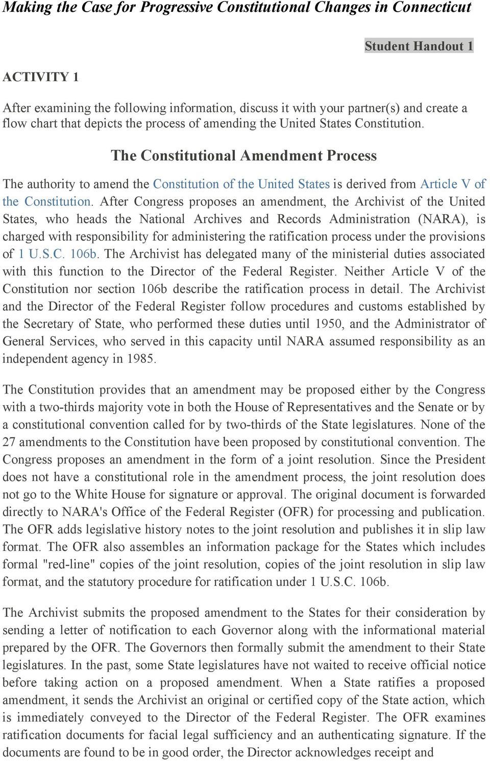 After Congress proposes an amendment, the Archivist of the United States, who heads the National Archives and Records Administration (NARA), is charged with responsibility for administering the