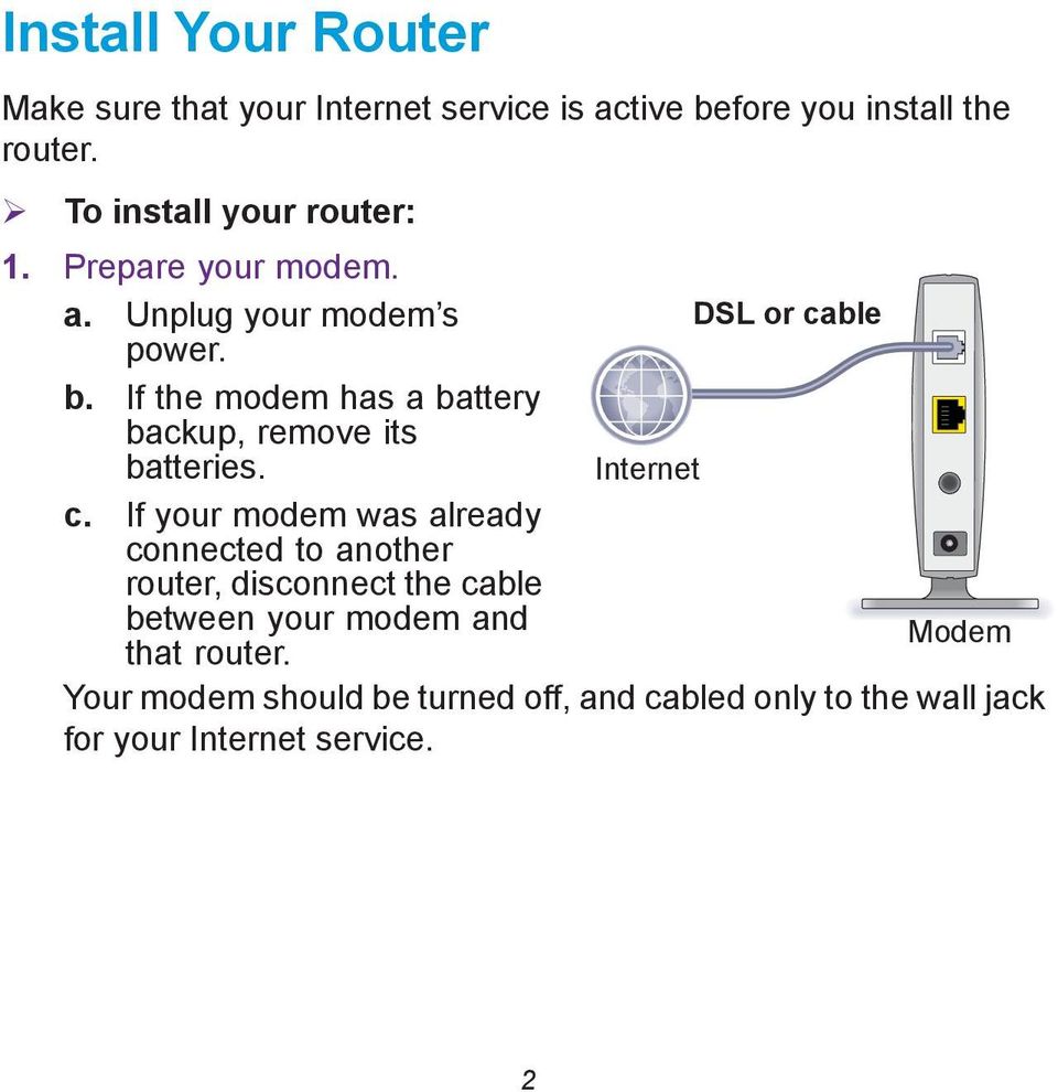 If the modem has a battery backup, remove its batteries. Internet c.
