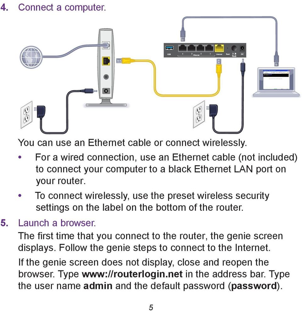 To connect wirelessly, use the preset wireless security settings on the label on the bottom of the router. 5. Launch a browser.