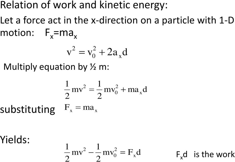 equation by ½ m: v 2 v 2 0 2a d substituting 1 2 mv 2 F ma