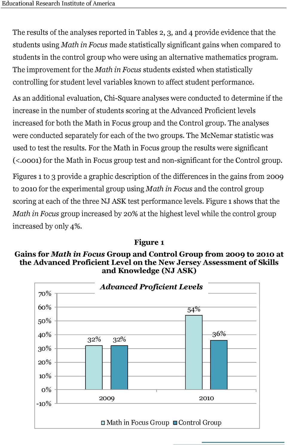 The improvement for the Math in Focus students existed when statistically controlling for student level variables known to affect student performance.