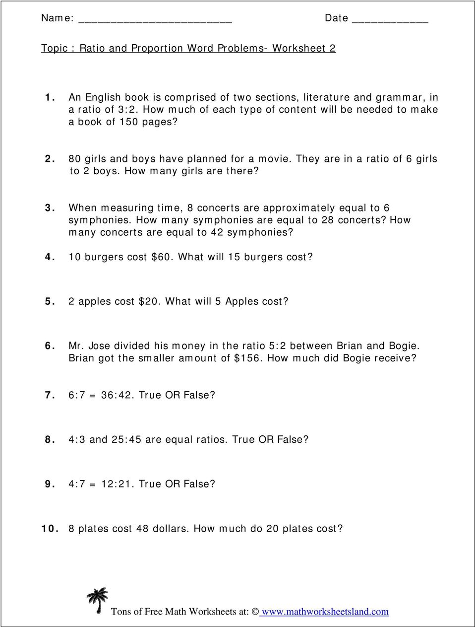 Topic : Ratio and Proportion Word Problems- Worksheet girls and Regarding Ratios And Proportions Worksheet