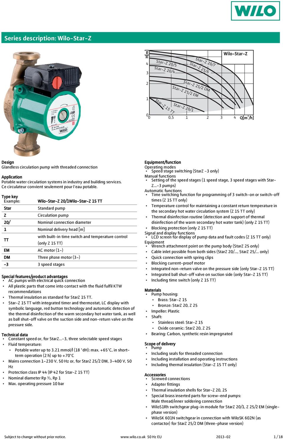 Type key Example: Wilo-Star-Z 2/1Wilo-Star-Z 15 TT Star Standard pump Z Circulation pump 2/ Nominal connection diameter 1 Nominal delivery head [m] TT with built-in time switch and temperature