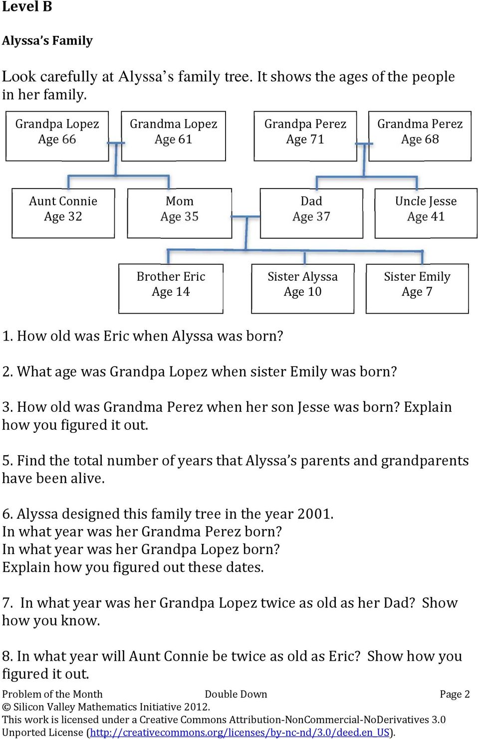 Age 7 1. How old was Eric when Alyssa was born? 2. What age was Grandpa Lopez when sister Emily was born? 3. How old was Grandma Perez when her son Jesse was born? Explain how you figured it out. 5.