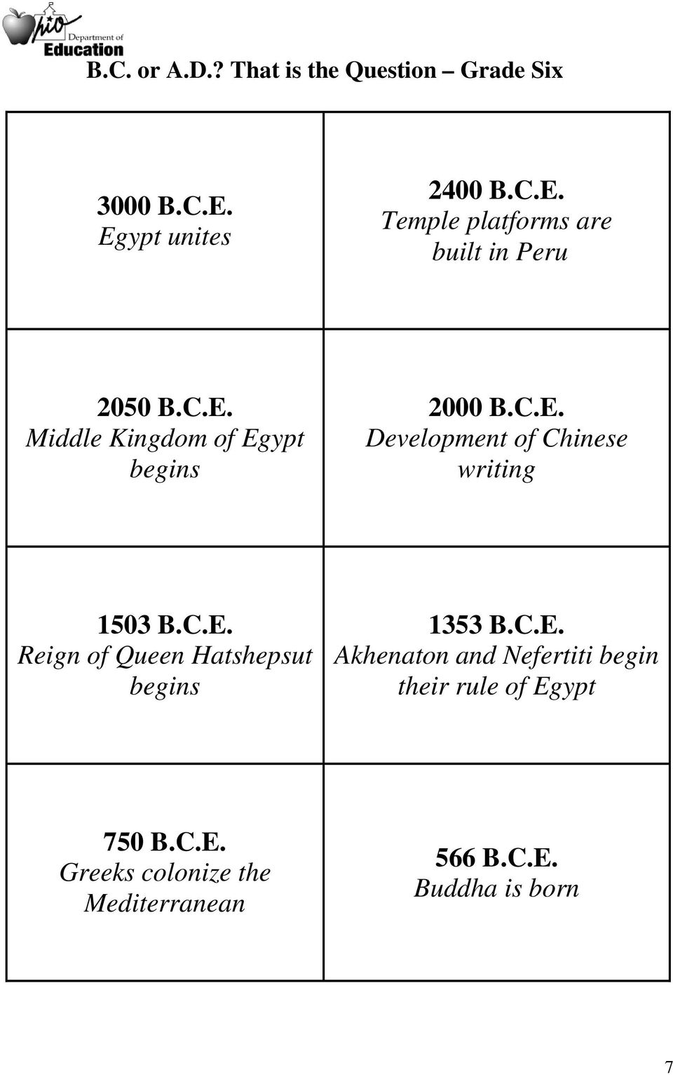 C.E. Akhenaton and Nefertiti begin their rule of Egypt 750 B.C.E. Greeks colonize the Mediterranean 566 B.