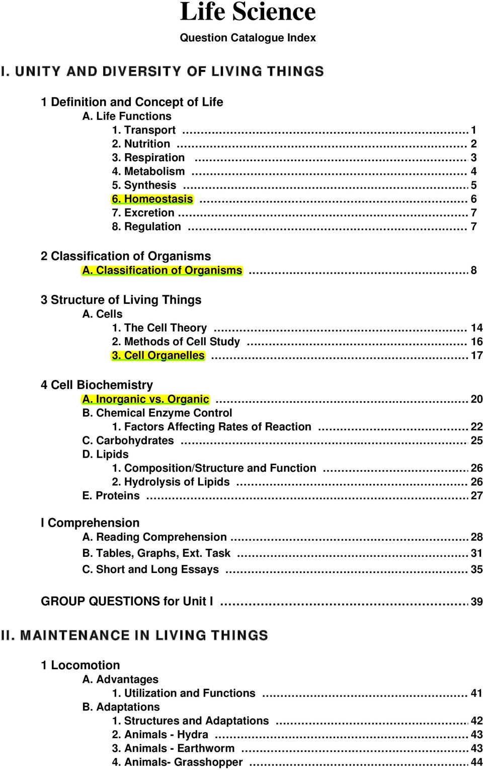 life science question catalogue index - pdf