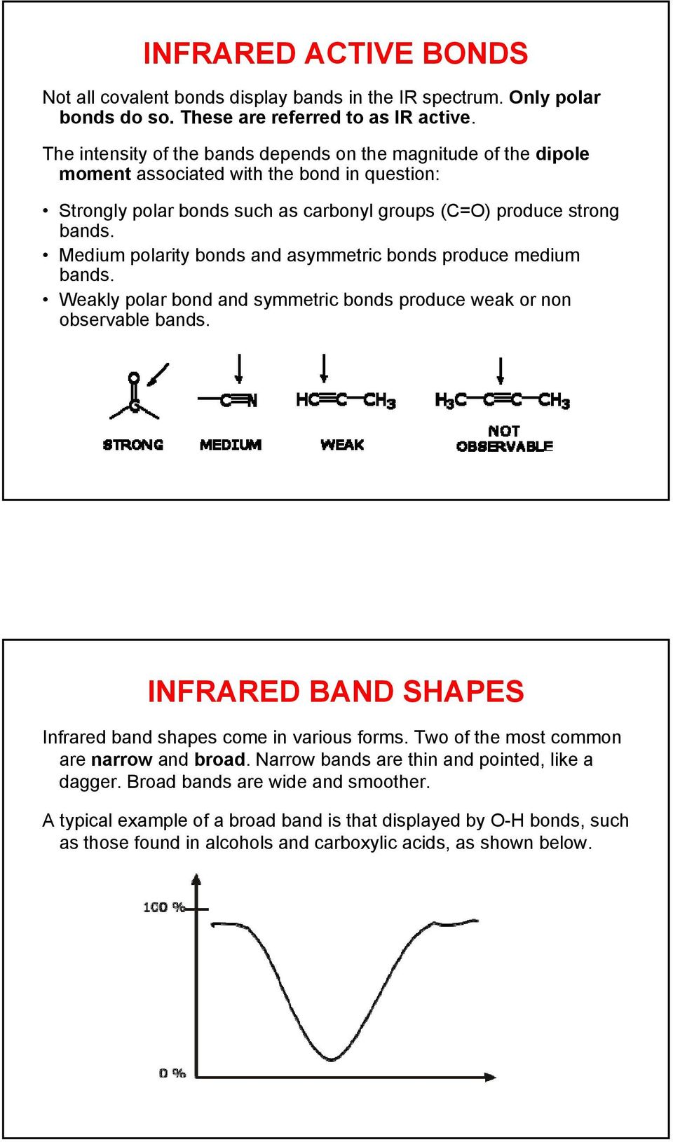 Medium polarity bonds and asymmetric bonds produce medium bands. Weakly polar bond and symmetric bonds produce weak or non observable bands.