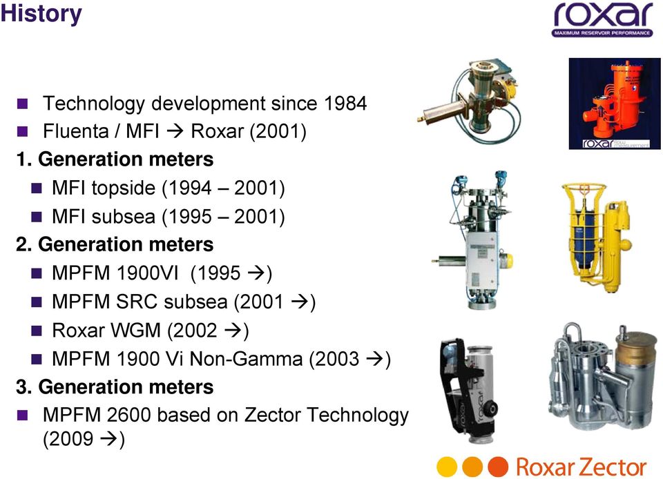 Generation meters MPFM 1900VI (1995 ) MPFM SRC subsea (2001 ) Roxar WGM (2002