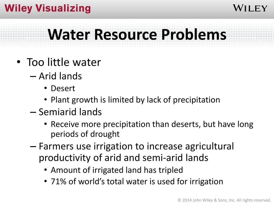 periods of drought Farmers use irrigation to increase agricultural productivity of arid and