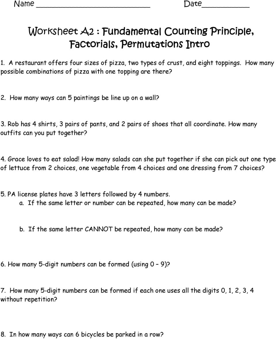 Worksheet A10 : Fundamental Counting Principle, Factorials In Fundamental Counting Principle Worksheet