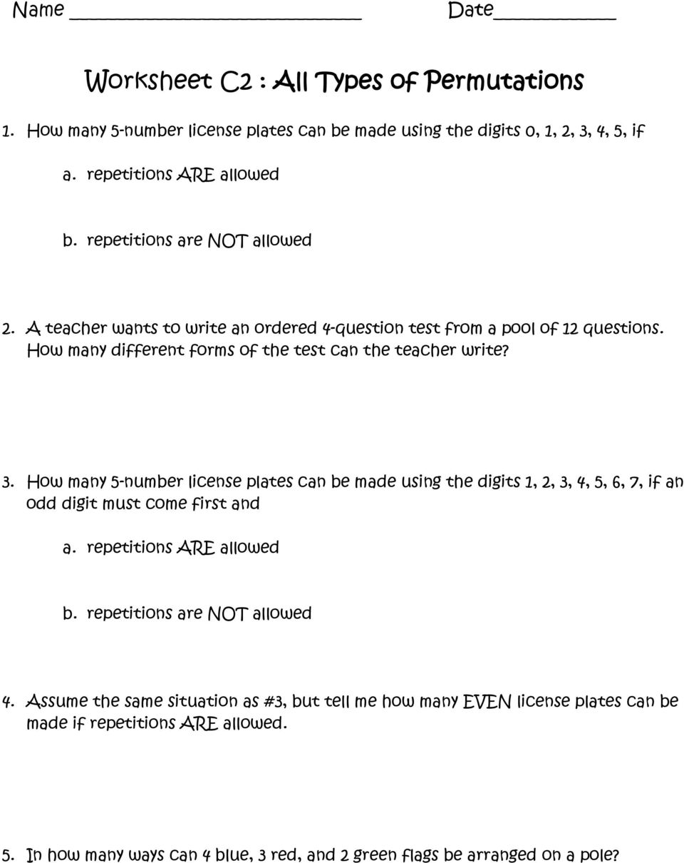 Worksheet A11 : Fundamental Counting Principle, Factorials With Fundamental Counting Principle Worksheet