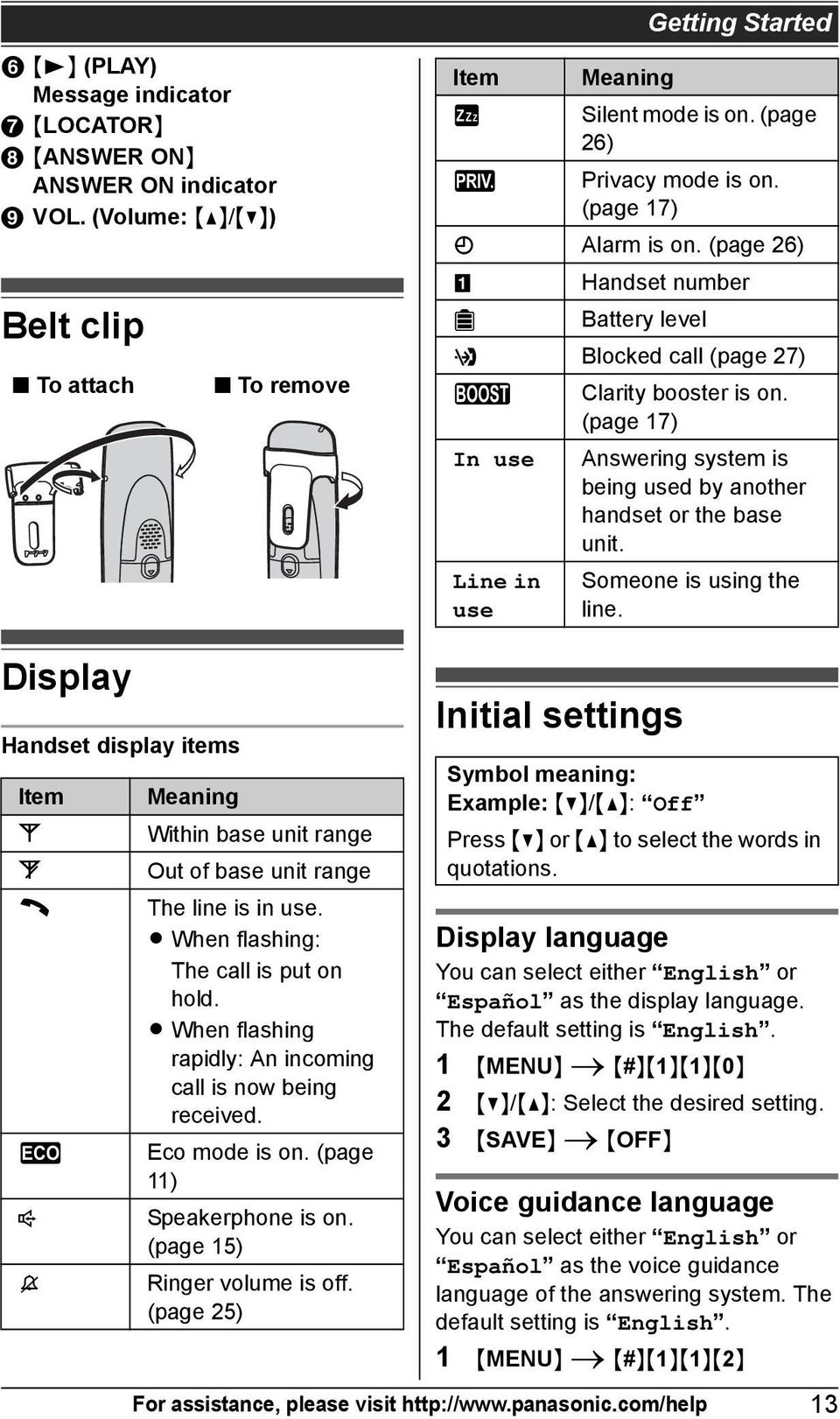 (page 17) In use Answering system is being used by another handset or the base unit. Line in use Someone is using the line.