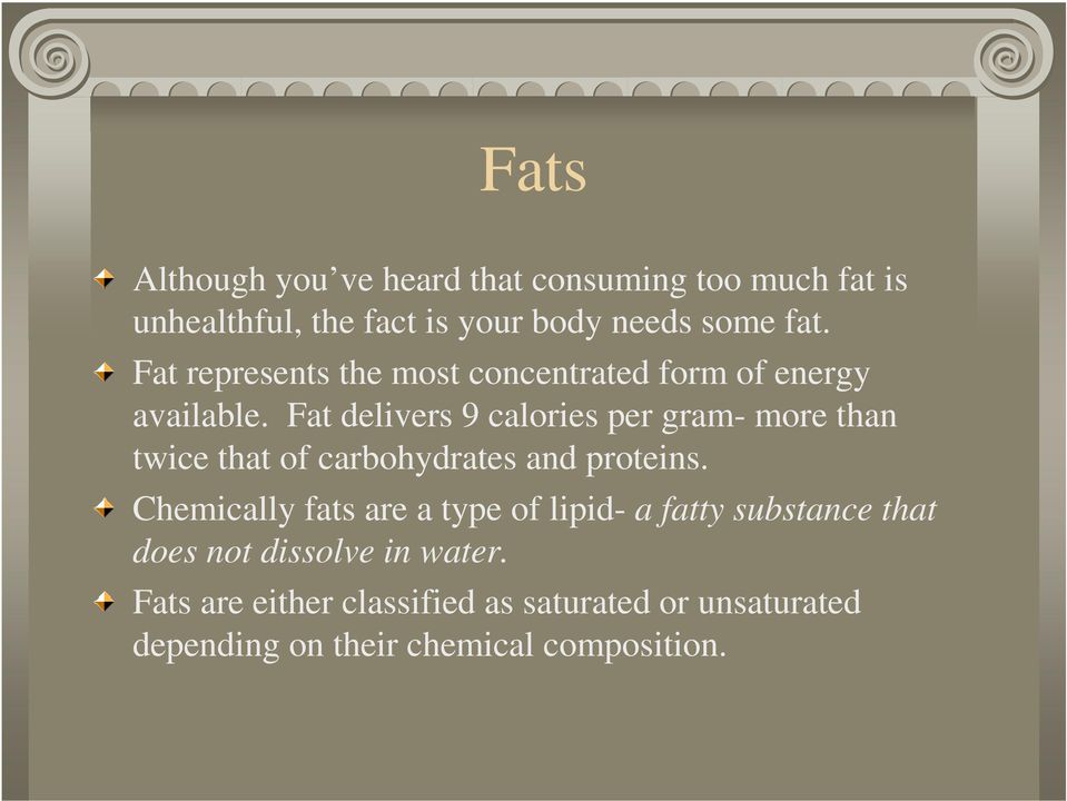 Fat delivers 9 calories per gram- more than twice that of carbohydrates and proteins.
