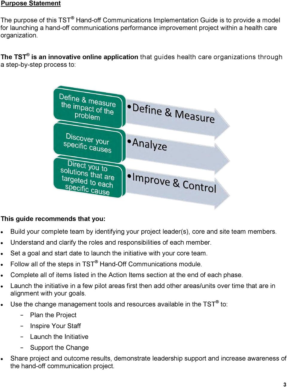 The TST is an innovative online application that guides health care organizations through a step-by-step process to: This guide recommends that you: Build your complete team by identifying your