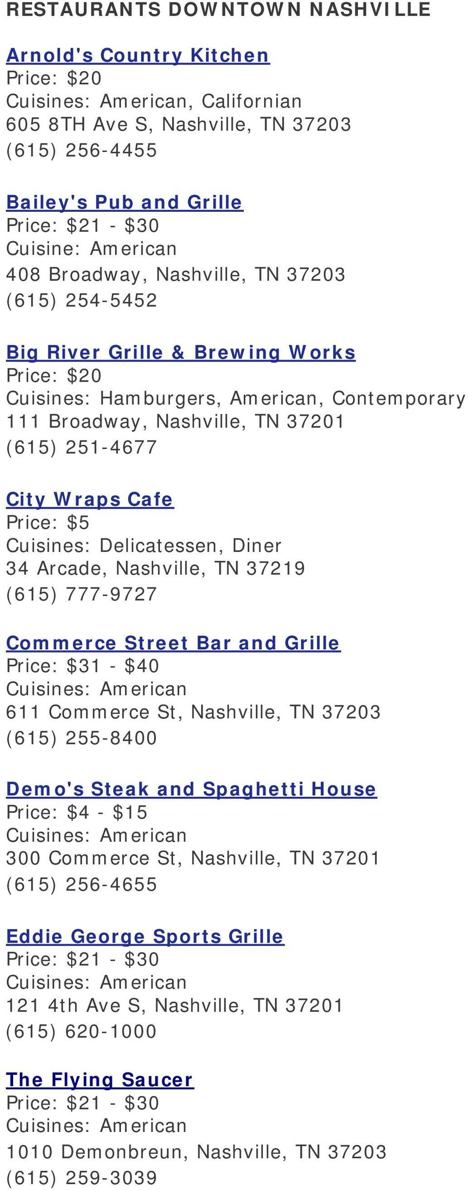 Delicatessen, Diner 34 Arcade, Nashville, TN 37219 (615) 777-9727 Commerce Street Bar and Grille 611 Commerce St, Nashville, TN 37203 (615) 255-8400 Demo's Steak and Spaghetti House Price: $4