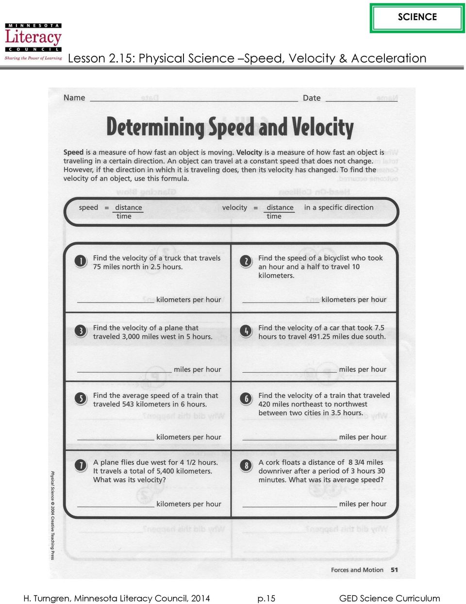 Lesson 11.11: Physical Science Speed, Velocity & Acceleration - PDF Regarding Determining Speed Velocity Worksheet