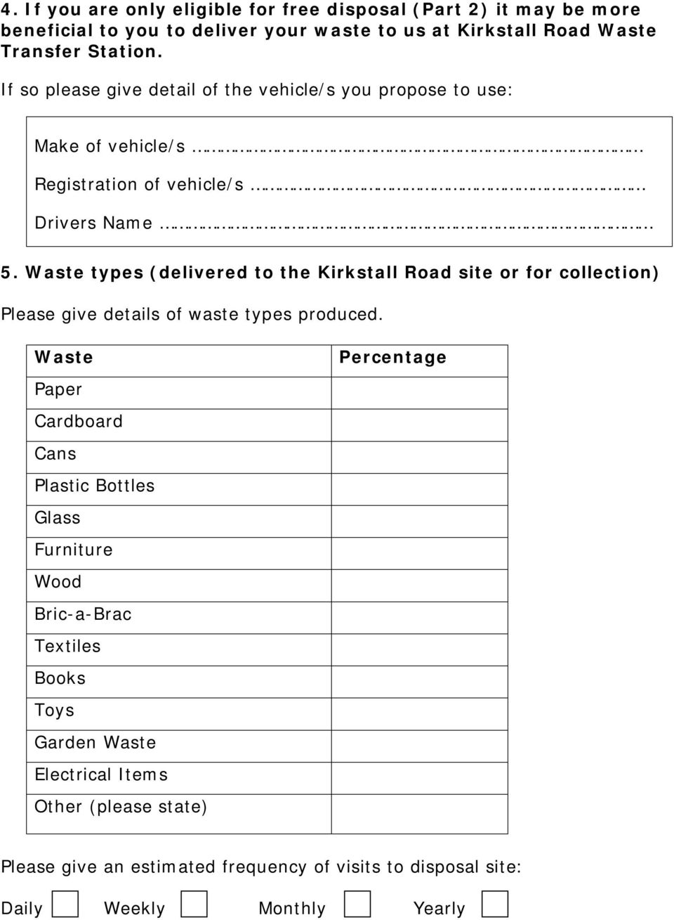 Waste types (delivered to the Kirkstall Road site or for collection) Please give details of waste types produced.