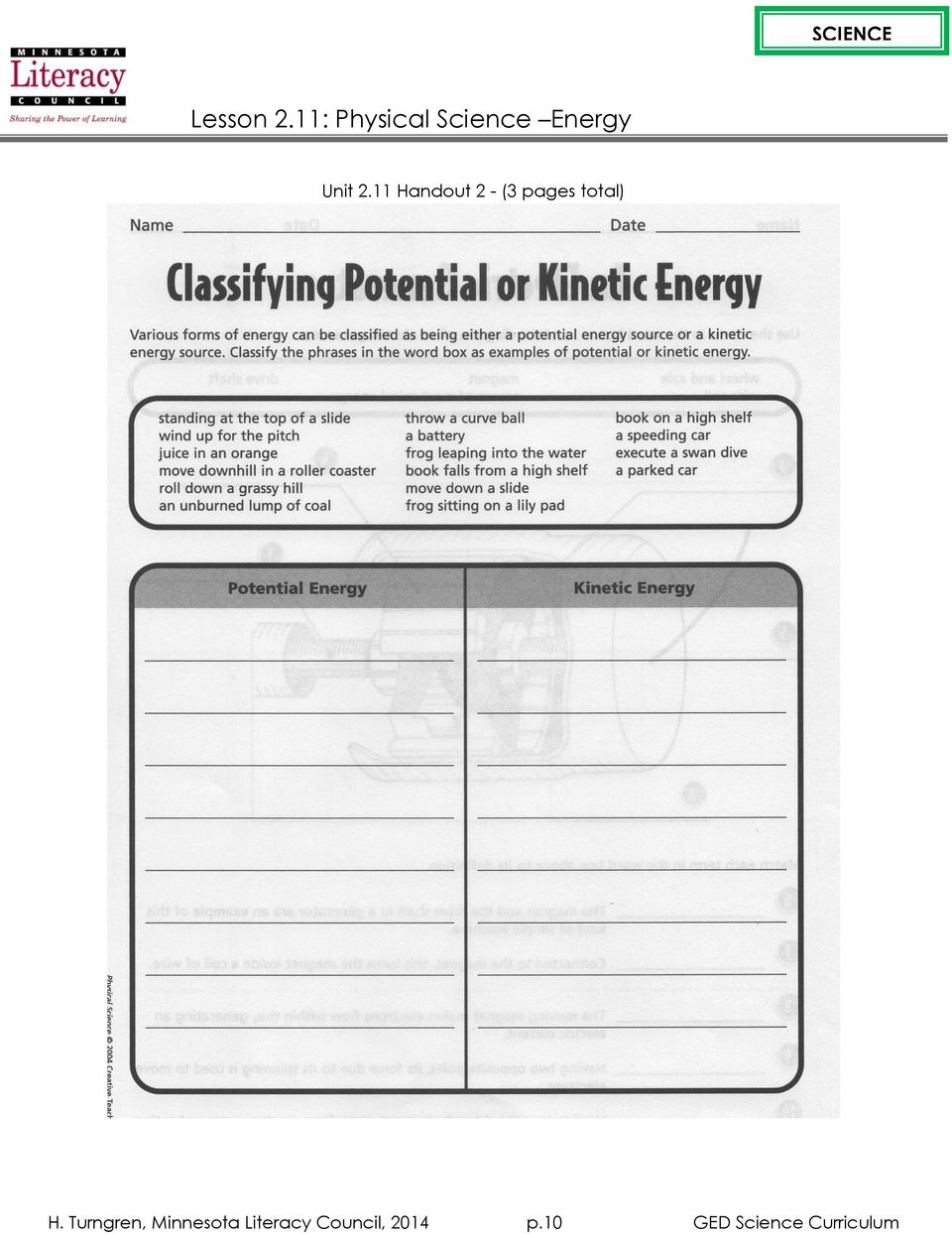 Lesson 25.25: Physical Science Energy - PDF Free Download Pertaining To Potential Vs Kinetic Energy Worksheet