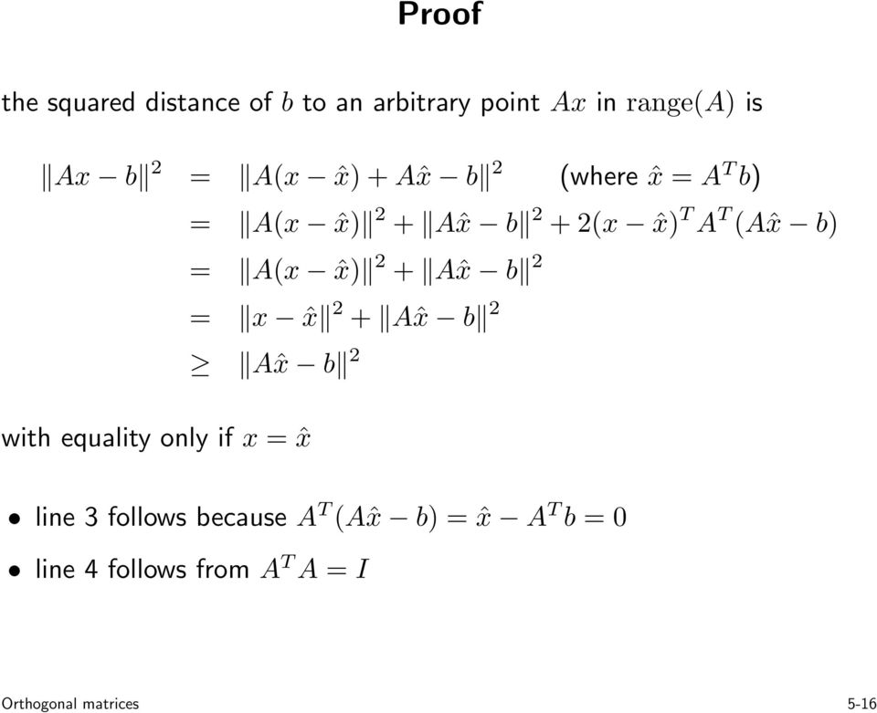 ˆx) 2 + Aˆx b 2 = x ˆx 2 + Aˆx b 2 Aˆx b 2 with equality only if x = ˆx line 3 follows