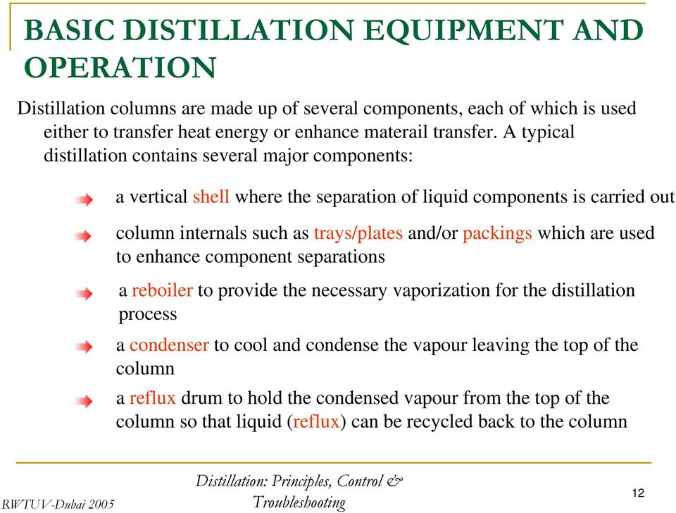 A typical distillation contains several major components: a vertical shell where the separation of liquid components is carried out column internals such as trays/plates