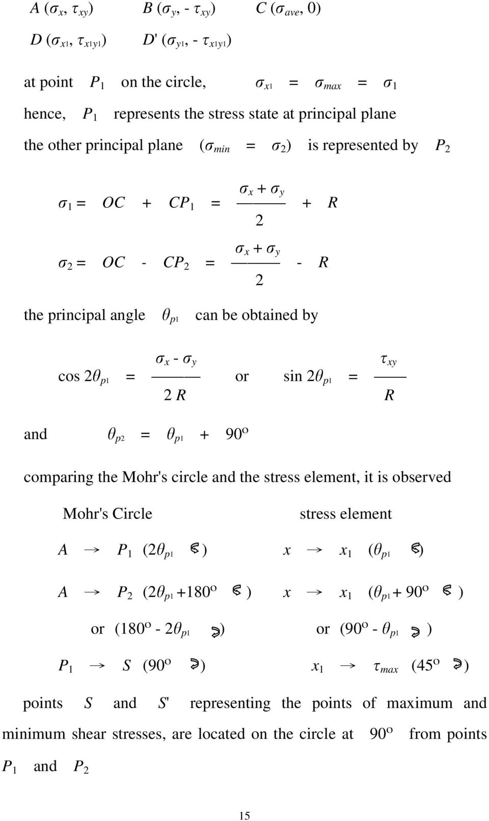 p = p1 + 901 comparing the Mohr's circle and the stress element, it is observed Mohr's Circle stress element A P 1 ( p1 ) x x 1 ( p1 ) A P ( p1 +1801 ) x x 1 ( p1 + 901 ) or (1801 -