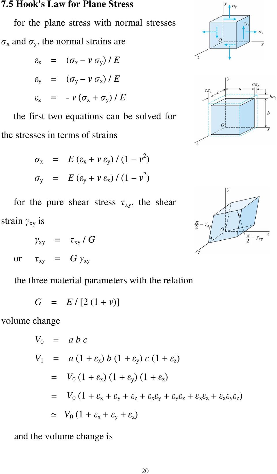 the shear strain xy is xy = xy / G or xy = G xy the three material parameters with the relation G = E / [ (1 + )] volume change V 0 = a b c V 1 = a (1 + x