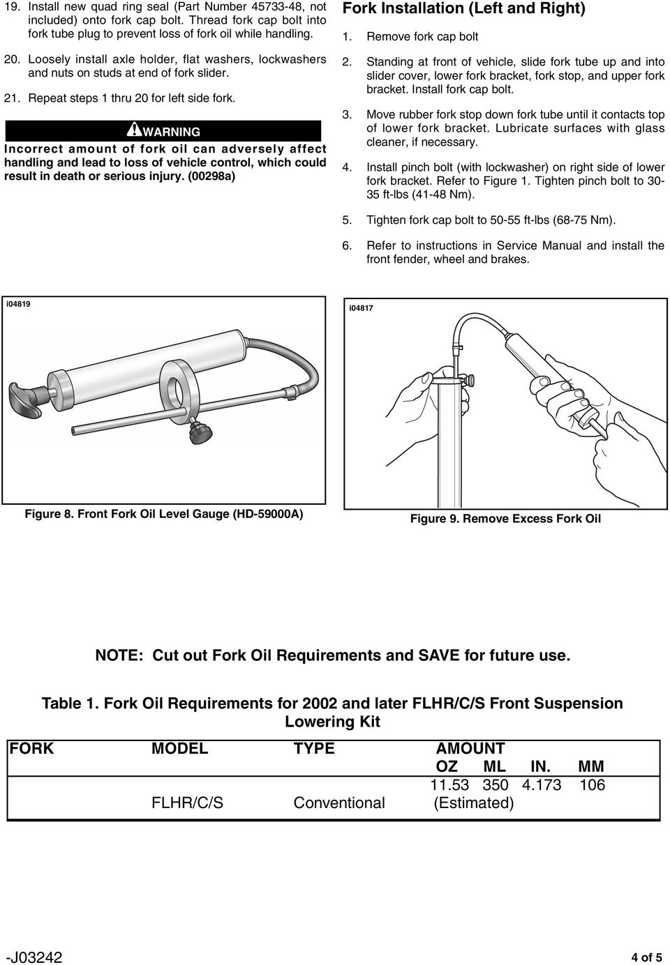 Incorrect amount of fork oil can adversely affect handling and lead to loss of vehicle control, which could result in death or serious injury. (0098a) Fork Installation (Left and Right).