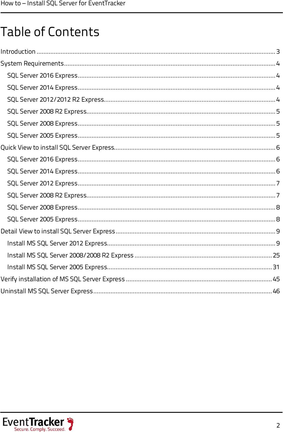 .. 6 SQL Server 2012 Express... 7 SQL Server 2008 R2 Express... 7 SQL Server 2008 Express... 8 SQL Server 2005 Express... 8 Detail View to install SQL Server Express.