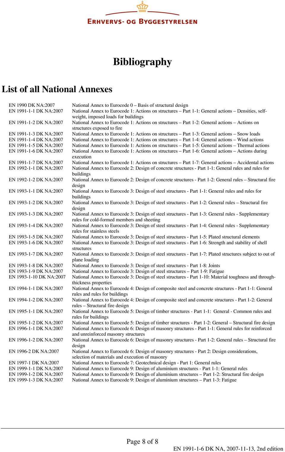 exposed to fire EN 1991-1-3 DK NA:2007 National Annex to Eurocode 1: Actions on structures Part 1-3: General actions Snow loads EN 1991-1-4 DK NA:2007 National Annex to Eurocode 1: Actions on